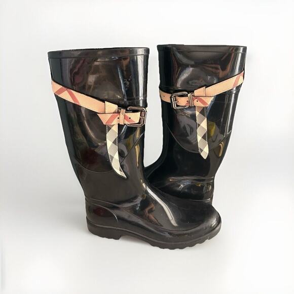 Burberry Black Kenyon Nova Check Roscot Belt Rainboots 8.5 EU 39 Plaid COA Italy